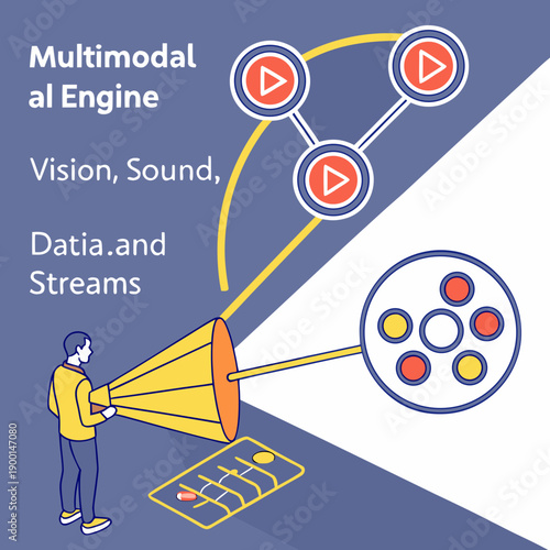 Multimodal AI engine concept combining vision, sound, and data waves for intelligent processing and understanding.