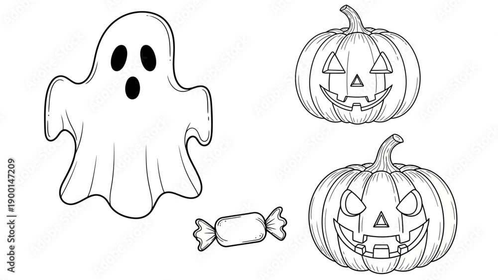 Fototapeta premium Spooky Halloween Vector Collection Outline Illustrations of a Friendly Ghost, Carved Jack-o'-Lanterns, and Sweet Candy for Autumn Holiday Designs