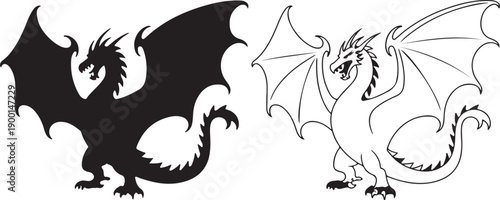 A dramatic black silhouette and outline drawing of a powerful winged dragon roaring fiercely