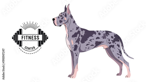 Great Dane dog breed logo with fitness center icon. Healthy lifestyle concept with a muscular dog and gym equipment