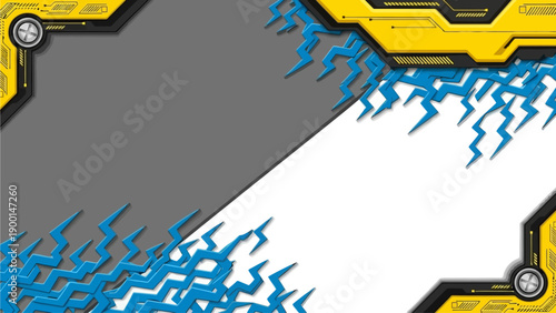 Energetic Blue Lightning Bolts Crackling Across a Futuristic Metallic and Gray Background with Yellow Accents