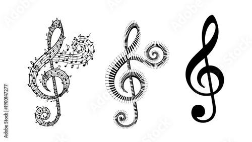 Collection of artistic treble clef designs, showcasing intricate musical notes and decorative patterns