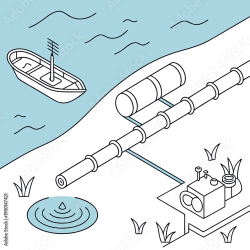 Vector graphic depicting undersea internet cable smart monitoring technology, featuring advanced sensors and network infrastructure in the deep ocean.