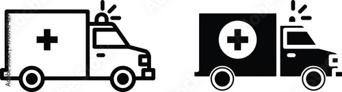 Two ambulance one outlined and one solid black with white cross and siren lights