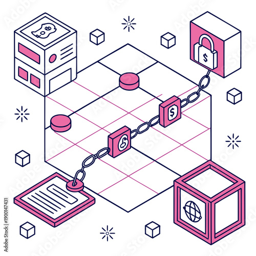 Flat vector illustration of a virtual economy blockchain ecosystem, representing digital finance, cryptocurrency, and decentralized networks.