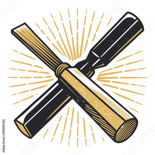 Chisel and mallet crossed with burst background, concept of woodworking industry  