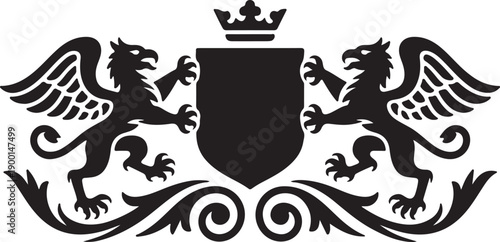A strong black and white heraldic shield with two mythical griffins guarding a blank crest and crown