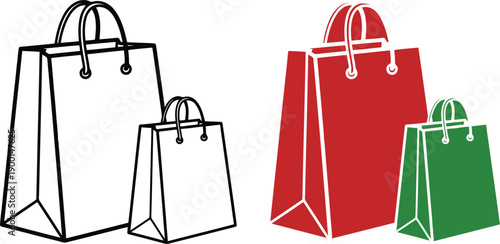 Two sets of shopping bags one in black outline and one in red and green on a white background