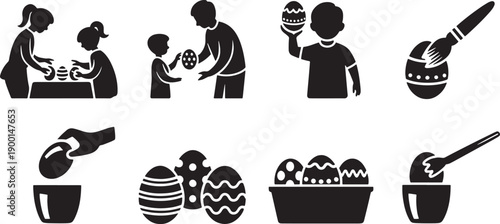 Easter egg decorating and hunting icon set. Children and adults painting eggs, holding decorated eggs, and baskets of eggs.