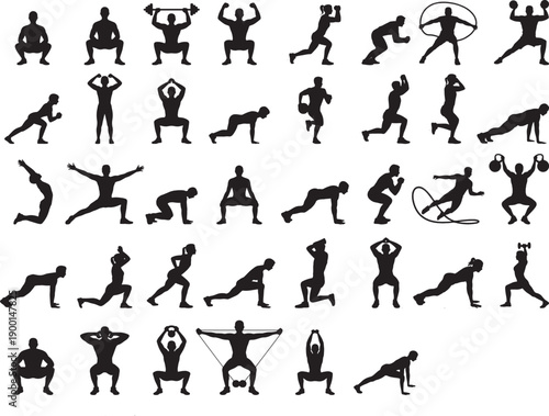 Silhouette fitness icons: a diverse collection of people performing various exercises and sports activities for active lifestyle and workout concepts