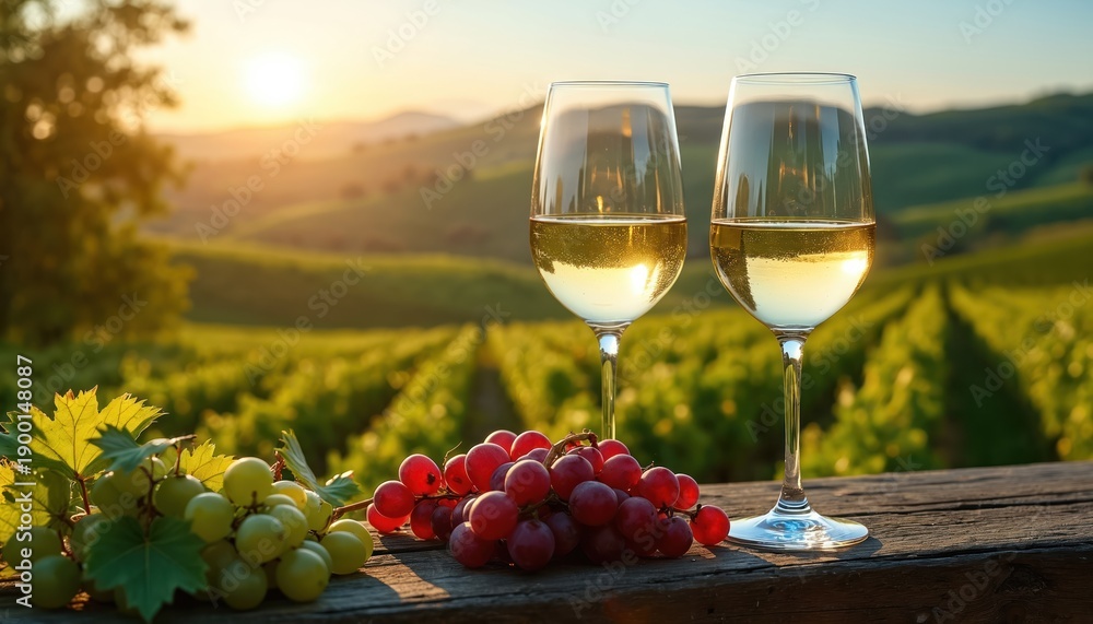 Obraz premium Two glasses of white wine sit on a wooden table in a vineyard at sunset. Bunches of red and green grapes are nearby, with rows of grapevines stretching into the distance.