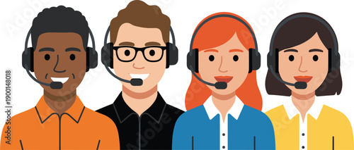 Cartoon customer service team, diverse support representatives, headset communication, smiling agents, call center staff, professional assistance, 