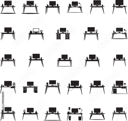 Computer desk silhouette isolated with white background