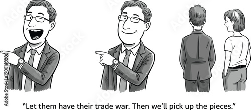 Cartoon trade war illustration, economic humor sketch, business commentary drawing, corporate communication cartoon, political economy joke, workplace satire, global conflict concept