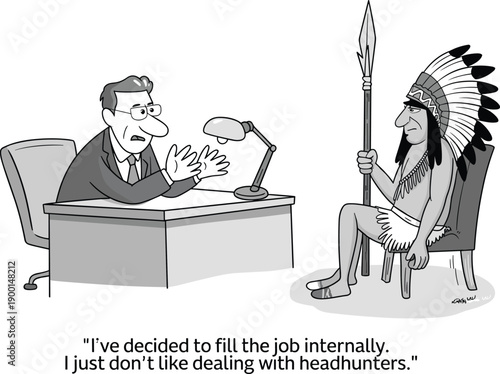 Cartoon office humor illustration, corporate recruitment pun, headhunter joke, business meeting sketch, workplace comedy, hiring process cartoon, professional communication drawing