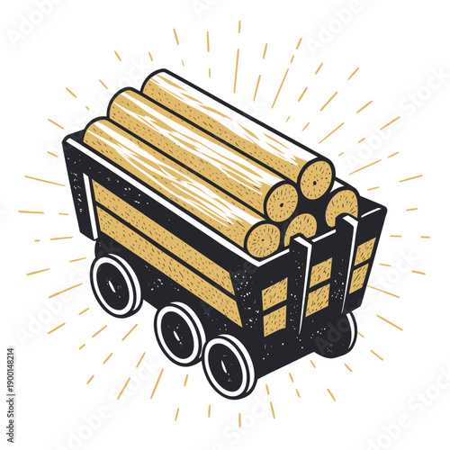 Freight train wagon loaded with wooden logs for woodworking industry  