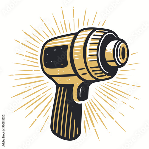 Vintage drill tool with rays of light in retro style for woodworking  