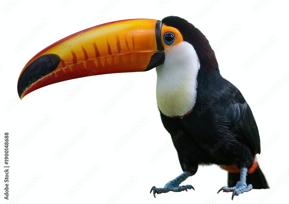 Naklejka premium Exotic Toco Toucan Bird with Large Orange Beak Isolated on White Background for Tropical Wildlife Education and Nature Conservation Branding