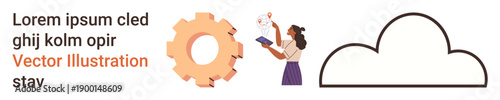 Education, creativity, innovation, technology, cloud computing, scientific discovery. Woman reading with floating science icons, a gear and a cloud shape. Education and creativity concepts