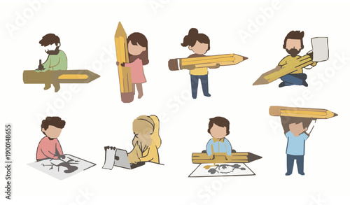 Cute Cartoon People Holding Giant Pencil Creative Drawing and Writing Vector Character Set