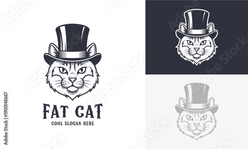 Elegant Fat Cat Illustrations Wearing Top Hats in Various Designs and Styles