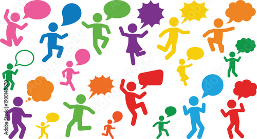 Vibrant colorful silhouette people figures jumping and dancing with speech bubbles representing diverse community communication social networking inclusive conversation and global connection concept