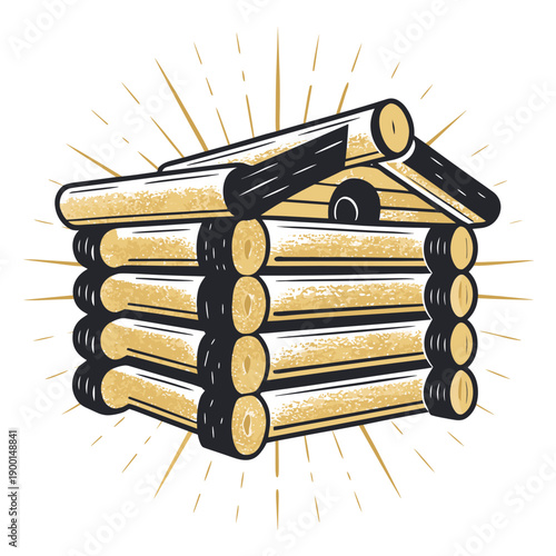 Log cabin illustration in vintage style symbolizing woodworking industry  