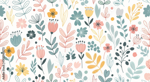 Handcrafted Inspired Wildflower Pattern with Simple Leaves and Decorative Branches