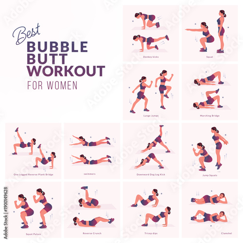 Bubble Butt Workout Set. Women doing fitness and yoga exercises. Mountain Climbers, Flutter kicks, Plank To Toe Lift, Plank Rotation, Leg Raises, knee to elbow kickback, In and Out, Lean back hold etc