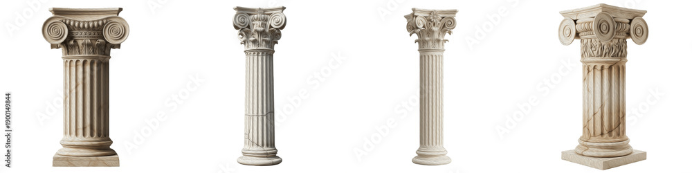 Obraz premium Title: Set of ancient Greek and Roman stone columns with Ionic and Corinthian capitals isolated on white background