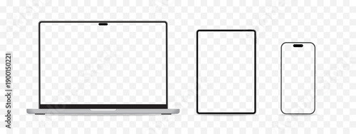 Modern Device Mockup Set with Laptop, Tablet and Smartphone, Front View Screens for UI UX Design, App Demo, Responsive Website and Digital Presentation Vector Illustration