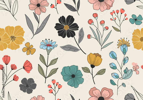 Handcrafted style floral repeat in soft harmonious colors