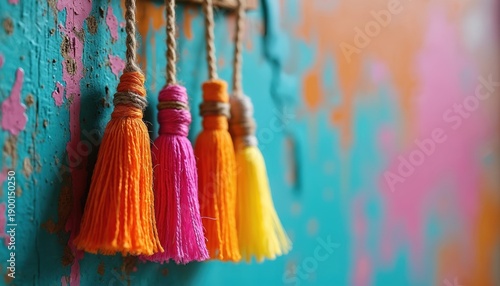Wallpaper Mural Brightly colored tassels hang on a textured wall with peeling paint. Orange pink yellow yarn craft decor adds charm to bohemian interior design. Fun festive accent for creative space. Torontodigital.ca