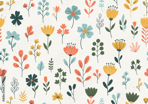 Handcrafted style floral repeat in soft harmonious colors