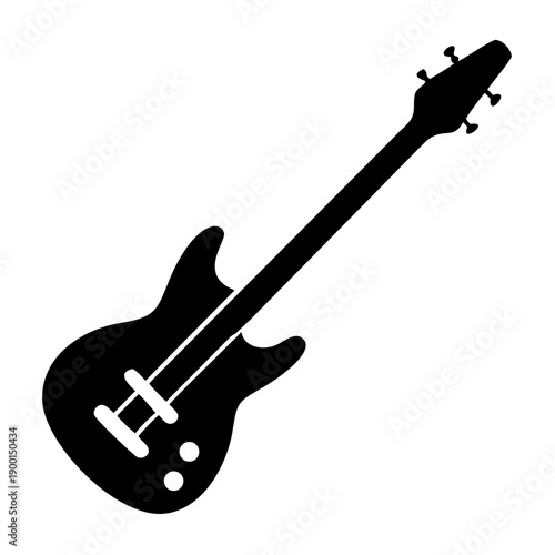 Black electric bass guitar isolated on white background, minimalist music instrument vector illustration, high detail professional design for musicians and bands