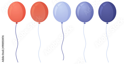 Minimal vector illustration of five balloons with strings, in soft blue and coral color palette. Clean shapes, gentle gradients and balanced composition, ideal for celebration, childhood or calm deco