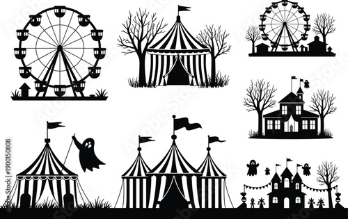 Halloween Carnival Silhouette Set With Ferris Wheel Circus Tent Haunted House Ghosts Fairground Vector Illustration Collection Design