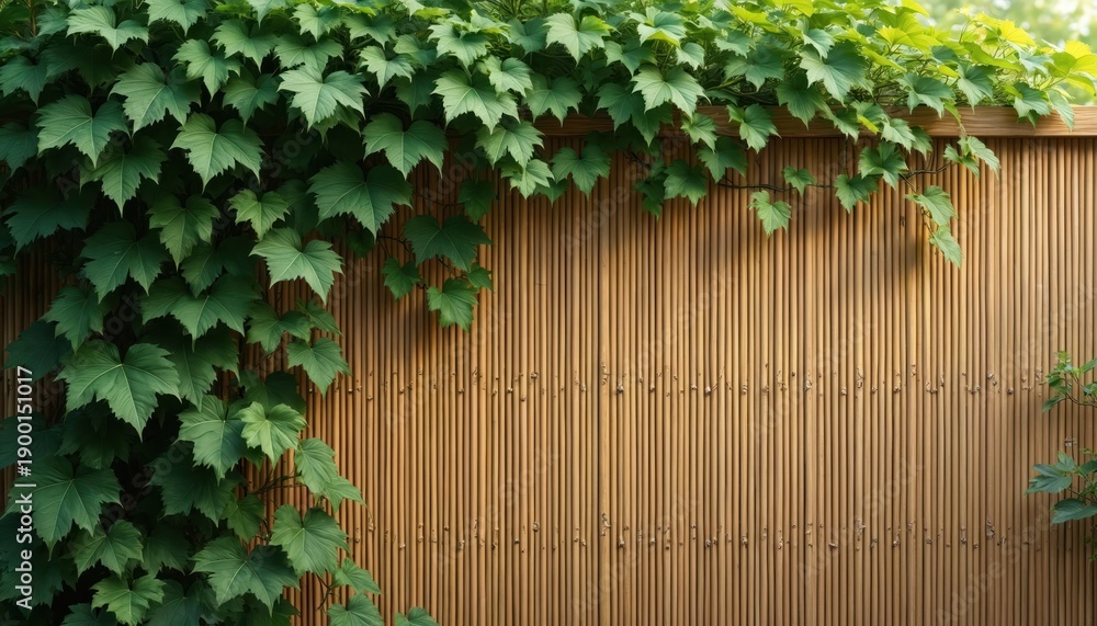 Obraz premium Green ivy vines grow on natural bamboo fence. Rich foliage covers rustic wood panels. Fresh leaves create organic garden wall pattern. Natural vertical backdrop for nature scenes.
