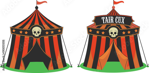 Halloween Circus Tent Illustration With Skull Logo Spooky Fair Carnival Booth Orange Black Striped Tent Vector Design