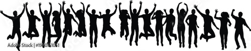 Happy people jumping silhouettes isolated on white background celebrating freedom, success, teamwork, youth energy, party lifestyle and joyful human connection