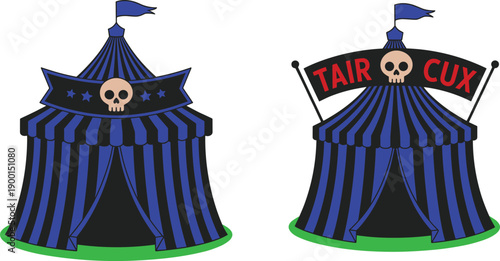 Halloween Circus Tent Illustration With Skull Logo Spooky Fair Carnival Booth Orange Black Striped Tent Vector Design
