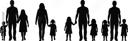 Family silhouettes holding hands isolated on white background, parents and children together symbolizing love, unity, care, protection, parenting and family values