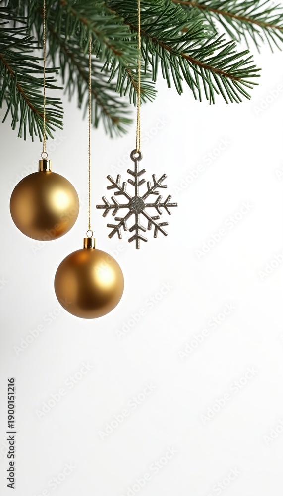 Fototapeta premium Pine branch with two gold baubles and silver snowflake ornament against white background. Holiday decoration, festive element, winter theme.