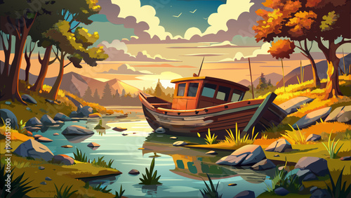 Very beautiful atmospheric scene of a rusty abandoned boat along the river shore in Lonjsko Polje Nature Park, Croatia, blending decay, history, and tranquil wetland nature.