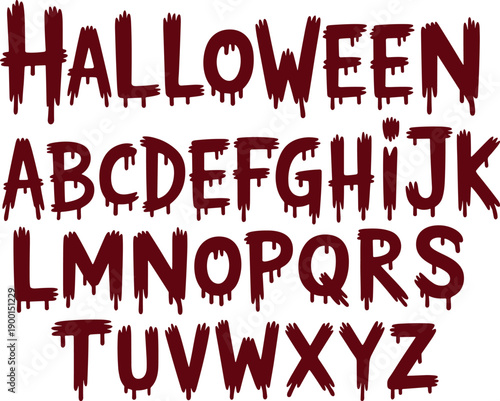 Halloween dripping alphabet font vector, horror bloody letters typography set, spooky red text design for posters, parties, decorations