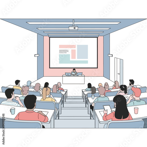 Students attentively listening to a lecture in a modern classroom setting with a projector screen displaying presentation slides