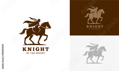 A knight on horseback is depicted in various logo designs showcasing different styles and color schemes.