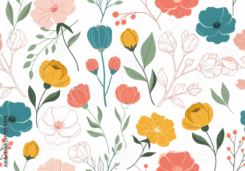 Decorative seamless flower pattern with Scandinavian influence