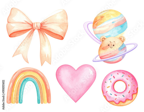 Watercolor illustrations featuring a bow, planet-bear, rainbow, heart, and donut