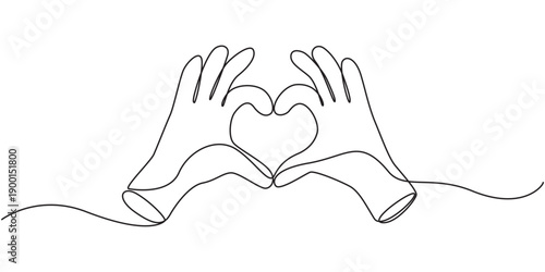 continuous one line Heart hand gesture emoji. Cartoon hands make heart shape together. Romantic Love, unity and care, compassion positive sign. Vector realistic smooth render icon